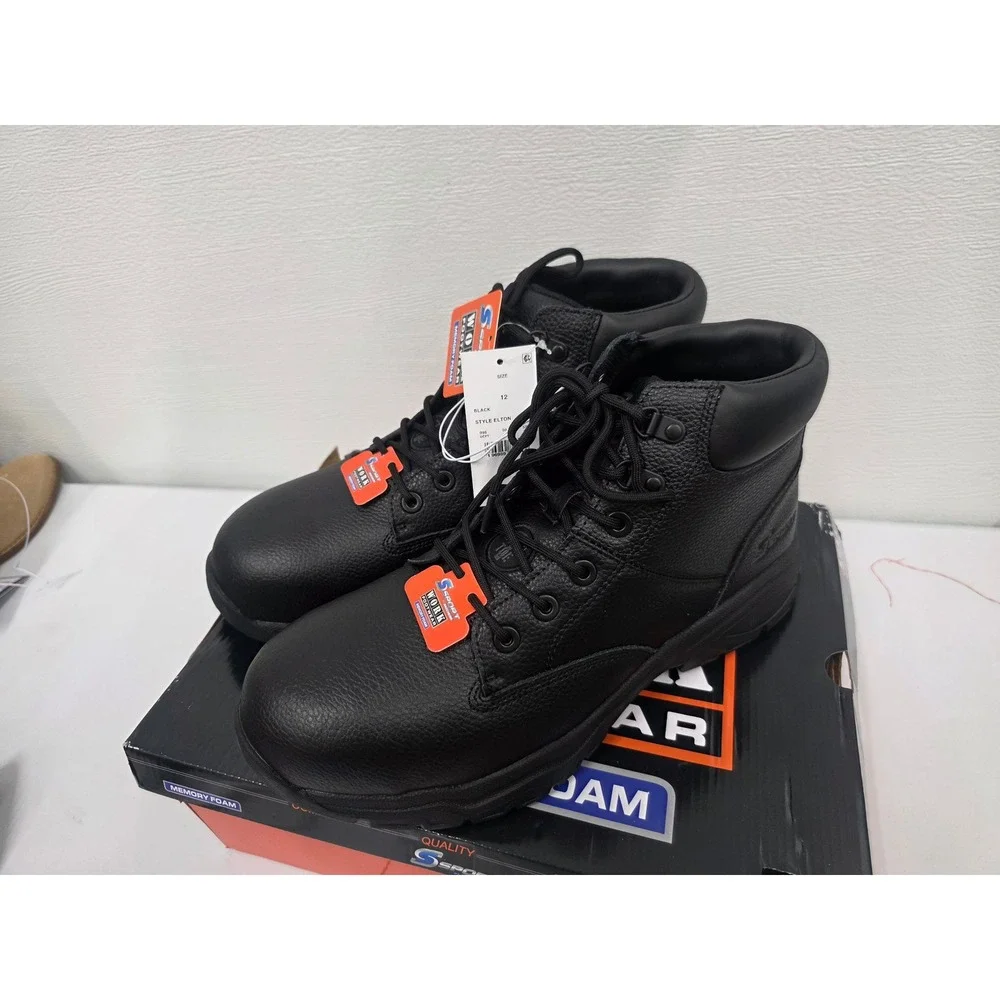 S Sport by Skechers Elton Mens Steel Toe Work Boots Black Leather Memory Foam 12